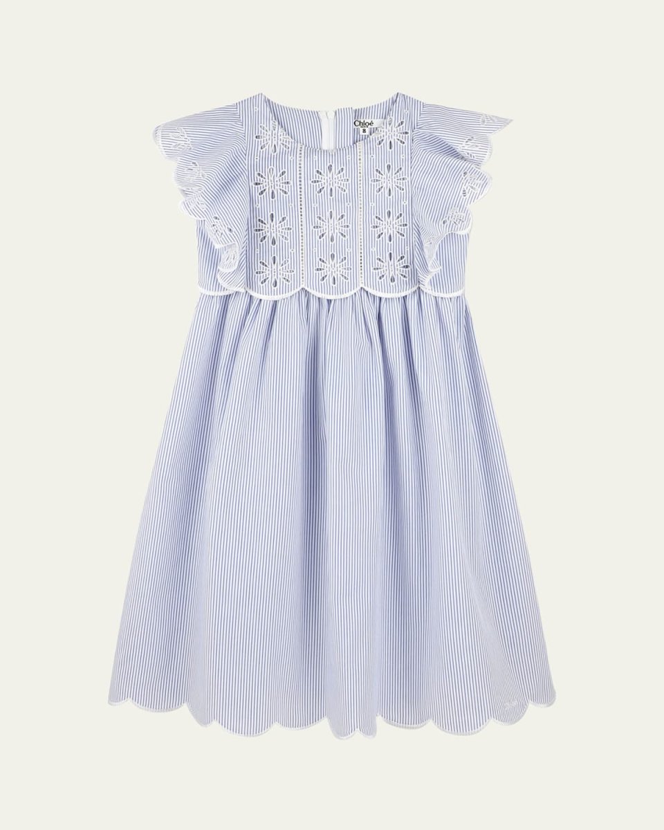 Girl's Pin-Striped Floral Embroidered Dress, Size 4-